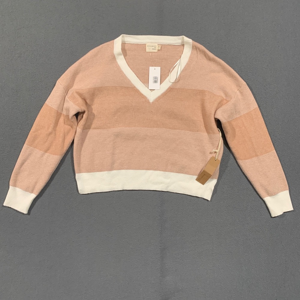 New Dreamers by Debut Womens Sweater XS Colorblock V-Neck Neutral Soft Cozy Chic